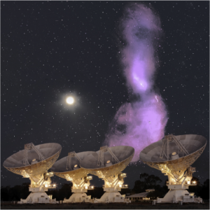 شکل ۲: تصویر رادیویی کهکشان قنطورس آ. در این تصویر اندازه‌ی کهکشان با اندازه‌ی ماه مقایسه شده است و تلسکوپ‌های استرالیایی ATCA نیز در تصویر مشاهده‌ می‌شوند. این تصویر از NASA APOD در ۱۳ آوریل ۲۰۱۱ گرفته شده است. 