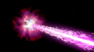 شکل ۱: تصویر خیالی از یک انفجار پرتو گاما که می‌تواند تصویر یک سیاهچاله به همراه جت پرانرژی آن باشد.  Credit: NASA/Swift/Cruz deWilde