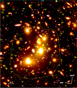 تصویر ۲: تصویر رنگی خوشه کهکشانی Abell 2744 به همراه مدل گرانشی و کاندیداهای کهکشان‌های دور که توسط خوشه بزرگنمایی شده‌اند. این تصویر ترکیبی از تصاویر گوناگون در فیلترهای مختلف است. برای توضیح بیشتر به متن رجوع کنید.