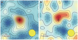 تصویر ۲: چپ: نقشه تابش مولفه‌ی اصلی مونوکسید کربن. راست: نقشه‌ی دنباله‌ی تابش مونوکسید کربن. در این تصویر به وضوع مشخص است که مکان دنباله از مولفه‌ی اصلی فاصله دارد. این فاصله برابر ۸ کیلوپارسک است.