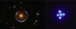 تصویر ۱: راست: صلیب اینشتین. میدان گرانشی قوی کهکشانی پرجرم، چهار تصویر از اختروَش (کوازار) دوردست ساخته است. چپ: اگر کهکشان میانی پرجرم دقیقا بین ما و کهکشان دوردست قرار بگیرد، تصویر کهکشان دوردست بر اثر میدان گرانشی کهکشان میانی به شکل یک حلقه می‌شود که به حلقه‌ی اینشتین معروف است.