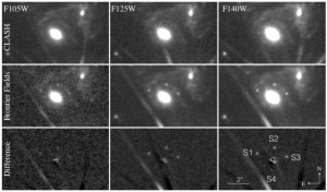 تصویر ۳: تصاویر گرفته شده از کهکشان مارپیچی میزبان ابرنواختر (نقطه‌ی درخشان در بالا-راست تصاویر) و کهکشان بیضوی عدسی گرانشی (منبع نورانی در میان تصاویر). ردیف بالا: تصاویر در سال ۲۰۱۰ و ۲۰۱۱، پیش از ظهور ابرنواختر، گرفته شده‌اند. بازوی کهکشان مارپیچی بر اثر میدان کهکشان کهکشان بیضوی به شکل کمان در‌آمده است.  ردیف میانی: تصاویر در هنگام ظهور و کشف ابرنواختر در نوامبر ۲۰۱۴. ردیف پایین: اختلاف تصاویر پیش و پس از ظهور ابرنواختر. چهار تصویر تشکیل شده از ابرنواختر  (صلیب اینشتین) به وضوح مشخص است.