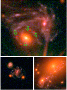تصویر ۴: تصویر رنگی کهکشان بیضوی عدسی و کهکشان مارپیچی میزبان ابرنواختر (بالا). تصاویر ابرنواختر با دایره‌های سبز نشان داده شده‌اند. دو تصویر پایین، تصاویر تشکیل‌شده‌‌ی دیگر از کهکشان مارپیچی هستند که در نقاط دیگری از خوشه‌ی کهکشانی دیده شده‌اند. ابرنواختر رفسدال زمانی در آینده در این تصاویر کهکشان میزبان ظاهر خواهد شد.