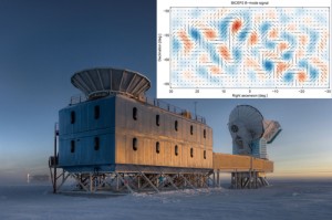 تصویر ۲: تلسکوپ بایسپ۲ و نتایج آن. Image: BICEP2 Collaboration, NSF, Stephan Richer