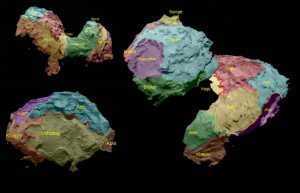 شکل ۲: مرزبندی نواحی مختلف روی سطح دنباله‌دار بر اساس ساختار و همچنین نامگذاریِ آن‌ها. تصاویر توسط OSIRIS ثبت شده‌اند.