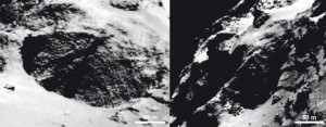 شکل ۳: شاخصه‌هایی با ابعاد تقریبیِ ۳ متر با نام "goosebump" بر روی سطح دنباله‌دار. اندازه‌ی برخی از این شاخصه‌ها به ۱۰۰ متر هم می‌رسد. تصویر بالا یکی از این برجستگی‌ها را در یک گودال فعال در ناحیه‌ی Seth نشان می‌دهد.