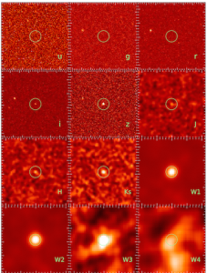 شکل ۱: کوازار J0100+2802 در فیلترهای مختلف SDSS, 2MASS, WISE. دایره‌ی سبز رنگ ناحیه‌ای به اندازه ۱۰ ثانیه‌ی قوسی را نشان می‌دهد.