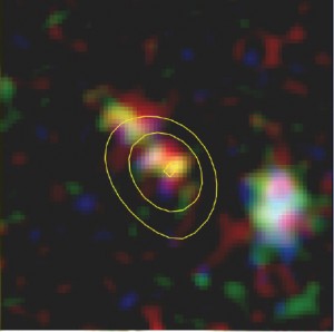 شکل ۱: کهکشان A1689-zD1 در انتقال‌به‌سرخ ۷. 