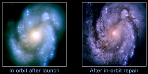 تصویر ۳: تصویر تلسکوپ هابل از کهکشان M100 پیش از تعمیر در سال ۱۹۹۳ (چپ) و پس از تعمیر (راست).