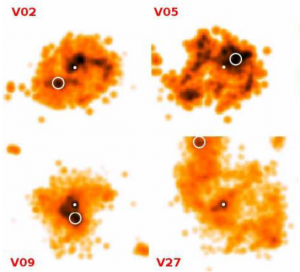 تصویر ۱: نقشه‌ی کهکشان‌های شبیه‌سازی‌شده در فیلتر خط نشری هیدروژن-آلفا. نواحی تیره‌تر مناطق فعال ستاره‌زا هستند که با دایره‌ی سفید نشان داده شده‌اند. نقطه‌ی سفید مرکز جرم کهکشان را نشان می‌دهد.