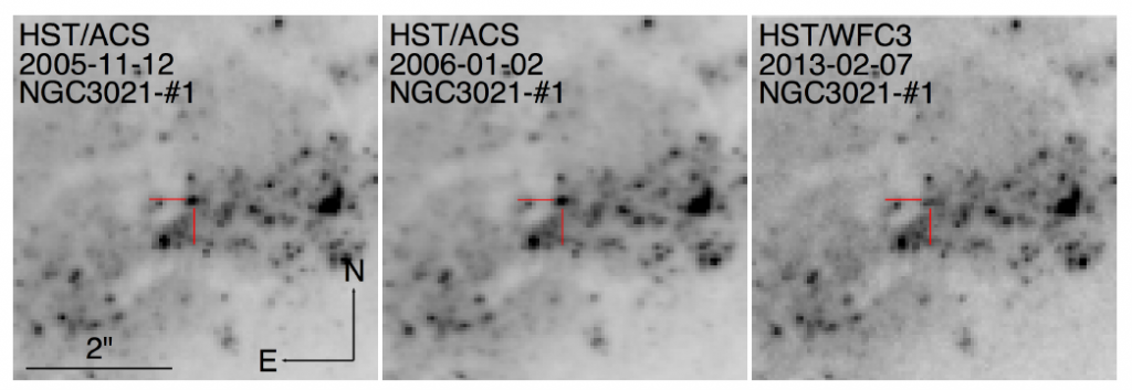 شکل ۲. تصویر هابل از کاندیدی در NGC 3021 که در سه زمان مختلف گرفته شده است. اندازه‌ی تصاویر و جهت آن‌ها یکسان‌سازی شده است. به نظر می‌آید این یک کاندید خوب برای ستاره‌ی پرجرمی باشد که دچار انفجار ابرنواختری ناموفق شده است.