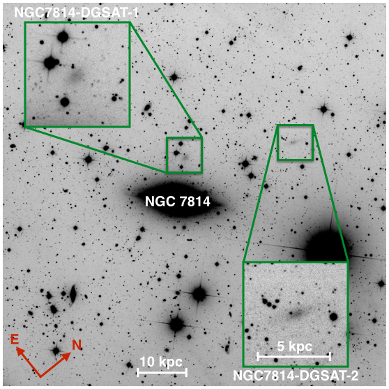 شکل ۱: تصویر اطراف کهکشان NGC7814 که در آن دو کهکشان با درخشندگی سطحی پایین بزرگنمایی شده‌اند.