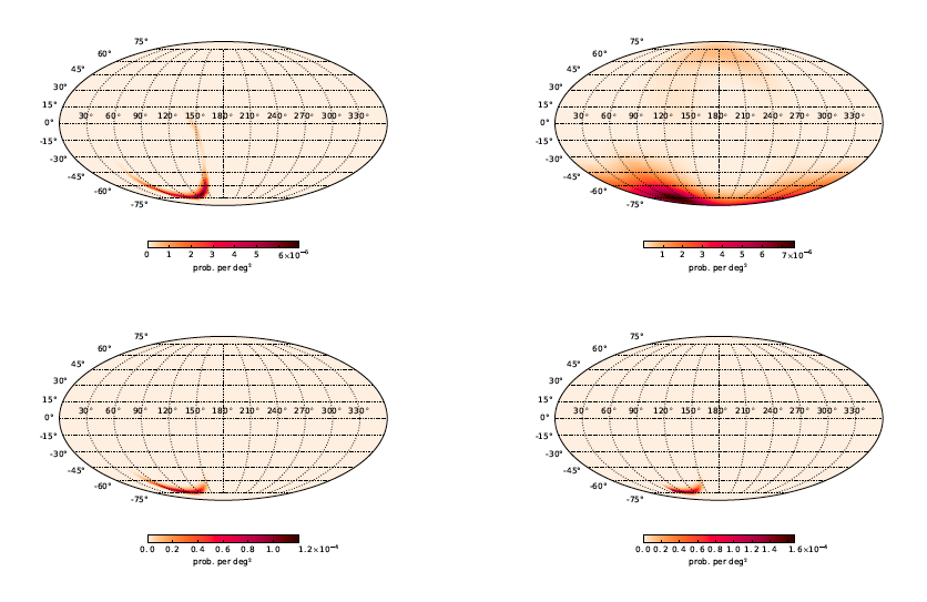 شکل ۱. سمت چپ بالا: نقشه‌ی آسمان که تمرکز امواج گرانشی آشکارشده در رصدخانه‌ی LIGO را نشان می‌دهد. سمت راست بالا: محل انفجار پرتو گامای رصدشده توسط Fermi GBM را در نقشه‌ی آسمان نشان می‌دهد. سمت چپ پایین: ترکیب دو نقشه‌ی بالا را نشان می‌دهد. سمت راست پایین: ترکیب دو نقشه‌ی بالا وقتی بخش‌هایی از آسمان که از دید تلسکوپ فرمی پوشیده بوده، حذف شده است. این حذف، باعث می‌شود که محدوده‌ی ناحیه‌ی مربوط به امواج گرانشی از ۶۰۱ به ۱۹۹ درجه‌ی مربع کاهش پیدا کند.