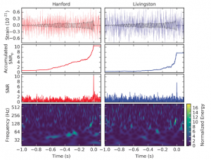 شکل ۱. دومین موج گرانشی آشکارشده توسط لایگو در سایت هنفورد (ستون چپ) و لیوینگستون (ستون راست). ردیف اول، داده‌های کرنش را نشان می‌دهد. منحنی سیاه بهترین تطبیق بر مدل شکل موج است. ردیف دوم مقدار انباشتی سیگنال به نویز را بر حسب زمان نشان می‌دهد. ردیف سوم سری زمانی نسبت سیگنال به نویز تولیدشده با انتقال زمان بهترین تطبیق شکل موج را نشان می‌دهد. ردیف چهارم: زمان-فرکانس داده‌های کرنش را نشان می‌دهد. 