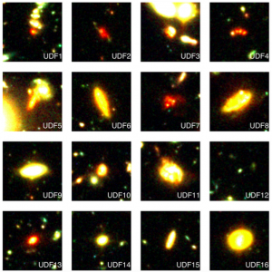 تصویر ۱: تصاویر رنگی از ۱۶ منبع مورد مطالعه در این مقاله که با تلسکوپ فضایی هابل گرفته شده است. این ۱۶ منبع با آرایه‌ی آلما رصد شده‌اند.