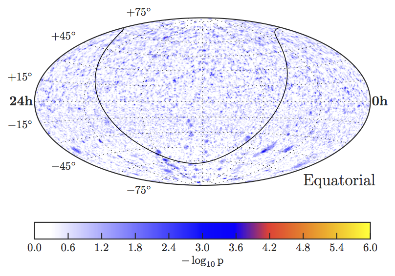شکل ۲. نتایج unbinned likelihood maximum برای تمام آسمان که در مختصات استوایی نشان داده شده است. منحنی سیاه صفحه‌ی کهکشان را نشان می‌دهد.