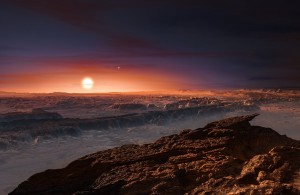 تصویر خیالی هنرمند از منظره‌ی سطح سیاره‌ی پروکسیما-ب، که به دور کوتوله‌ی سرخ پروکسیما قنطورس، نزدیک‌ترین ستاره به ما، می‌گردد.