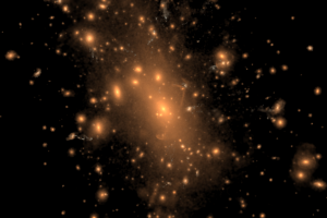 شکل ۱: مطالعات نجومی (از جمله همگرایی گرانشی) در دو دهه‌ی اخیر نشان می‌دهد که گروه‌ها و خوشه‌های کهکشانی توسط هاله‌ی بزرگی از ماده‌ی تاریک احاطه شده‌اند. مطالعه‌ی‌ شکل و توزیع ماده‌ی تاریک در هاله، تنها در چند سال اخیر و با پیشرفت ابزارهای رصدی و و افزایش توان محاسباتی کامپیوترها امکان‌پذیر شده است. این تصویر از نتایج شبیه‌سازی illustris برگرفته شده است که توزیع ماده‌ی تاریک و کهکشان‌ها را نشان می‌دهد. (تصویر برگرفته شده از وب سایت پروژه‌ی illustris)