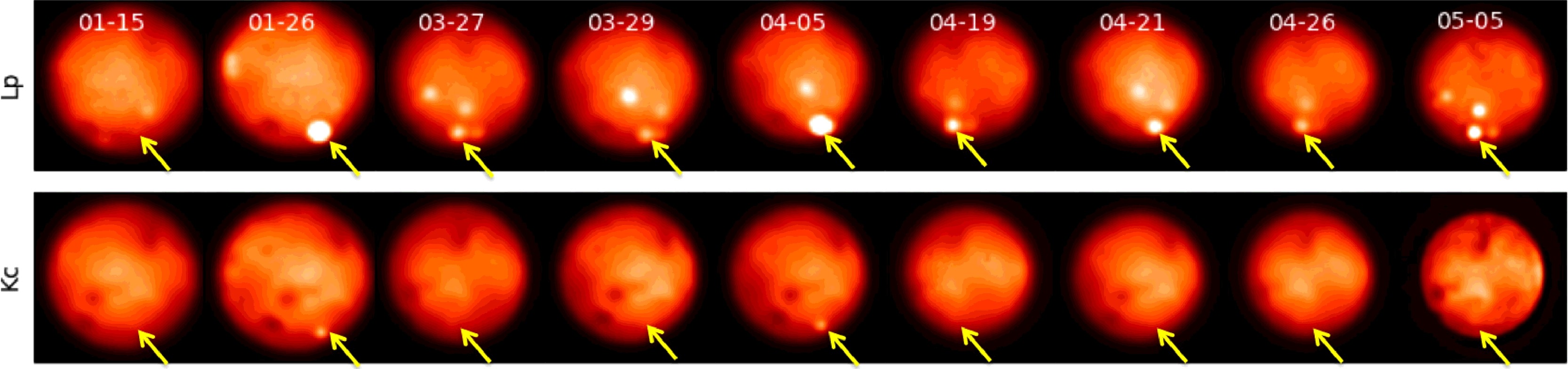 تصویر ۲: تصاویر زمانی فوران گودال کوردالاگون پاترا که با پیکان نشان داده شده است.