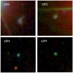 شکل ۱: تصاویر چهار کهکشان نخودفرنگی بررسی شده در این مقاله. این تصاویر ۱۵ در ۱۵ ثانیه‌ی قوسی هستند.