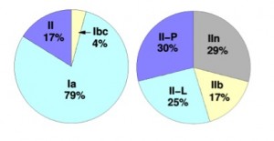 شکل 1: شکل سمت چپ درصد ابرنواخترهای نوع یک (Type Ia, Ib, Ic) و ابرنواخترهای نوع دو را بر اساس ابرنواخترهایی که تاکنون رصد شده نشان می‌دهد. سمت راست سهم انواع مختلف ابرنواخترهای نوع دوم را از رصد نشان می‌دهد.