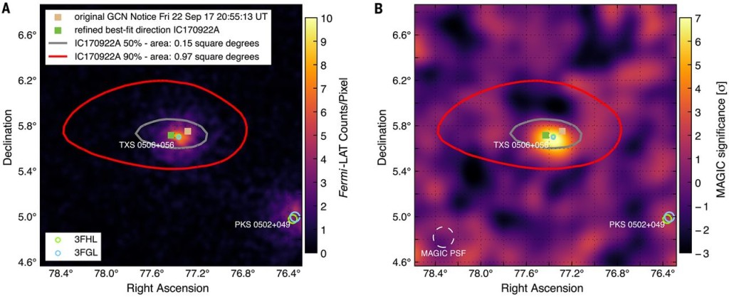 شکل ۱. تصویر سمت چپ، مشاهدات فرمی را از مکان نوترینو IceCube-170922A نشان می‌دهد. تابش پرانرژی پرتوگاما در این شکل مشخص شده است. تصویر سمت راست، تابش پرتوگامای بسیار پرانرژی آشکارسده توسط تلسکوپ مجیک را نشان می‌دهد. 