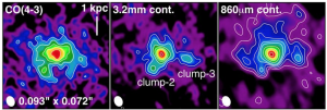 شکل ۱: نمای کهکشان در تابش مونوکسید کربن (چپ)، طول موج ۳.۲ میلیمتر (میانه)، و ۸۷۰ میکرون (تابش غبار، راست). دو توده‌ی ستاره زا در تصویر میانه نشان داده شده است (clump 1 و 2).
