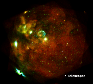 LMC: این تصویر کهکشان همسایه‌ی ما، ابر ماژلانی بزرگ را نشان می‌دهد، که در طی یک رشته نوردهی‌ با هر هفت ماژول تلسکوپ ایروزیتا از ۱۸ تا ۱۹ اکتبر ۲۰۱۹ رصد شده است. تابش پخش‌شده از گاز داغ منتشرشده میان ستاره‌ها با دمایی در مرتبه‌ی چندمیلیون درجه سرچشمه می‌گیرد. ساختارهای سحابی متراکم تر در تصویر، عمدتا بقایای ابرنواختر هستند، یعنی اتمسفر ستارهایی که از انفجار یک ستاره عظیم در پایان عمر خود پراکنده شده ست. برجسته‌ترین آنها، SN1987A، به عنوان منبع درخشان نزدیک به مرکز دیده می‌شود. بسیاری از منابع دیگر در LMC شامل ستاره‌های دوتایی یا خوشه‌های ستاره‌ای با ستاره‌های جوان بسیار عظیم (100 برابر جرم خورشیدی و بیشتر) هستند. هم‌چنین تعدادی چشمه‌ی نقطه‌ای تابش ایکس وجود دارد که یا ستاره‌های پیشنما از کهکشان خودمان و یا هسته‌های فعال کهکشانی هستند. F.Haberl، M. Freyberg und C. Maitra، MPE / IKI ©